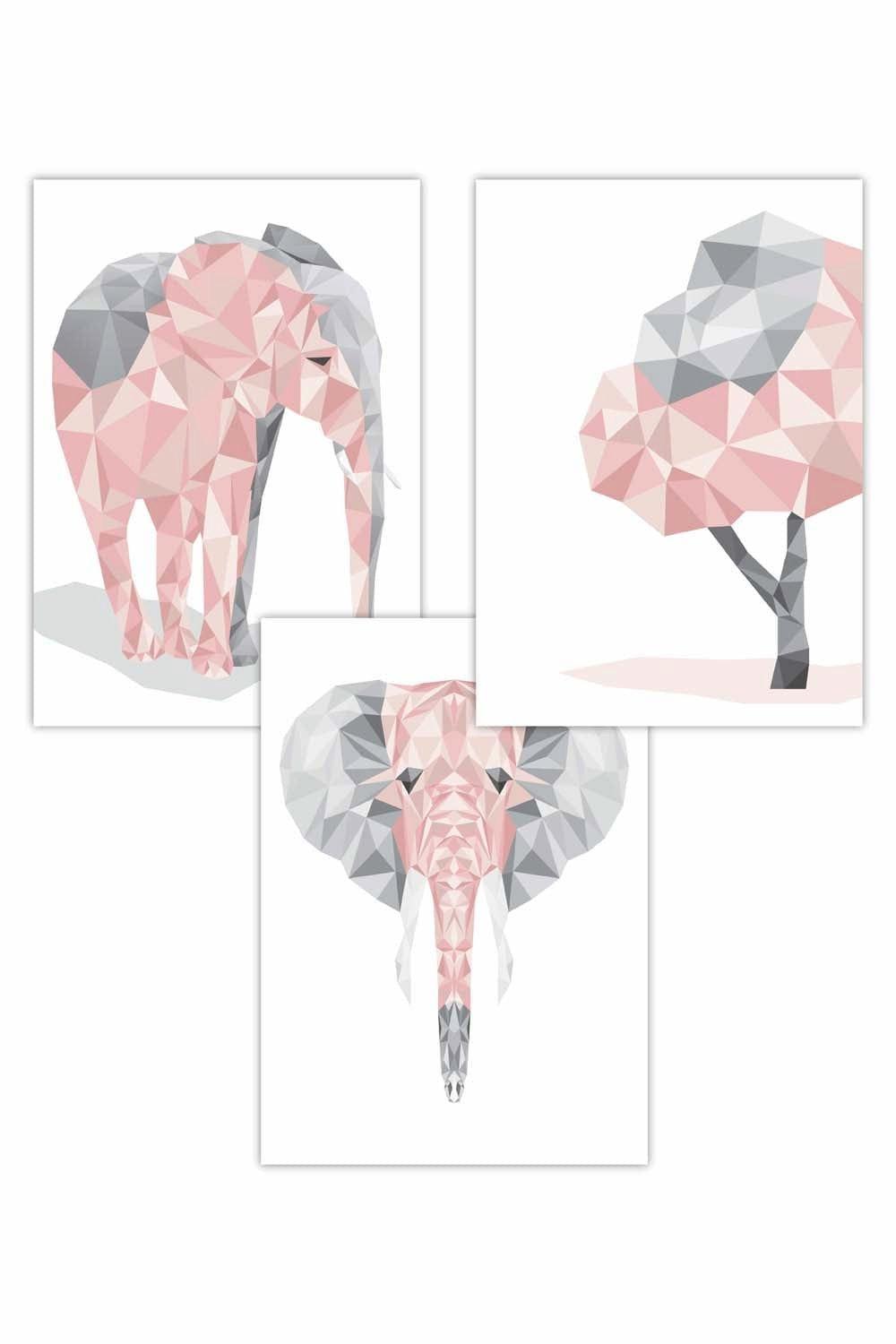 Set of 3 Geometric Pink Grey Elephant Set Art Posters